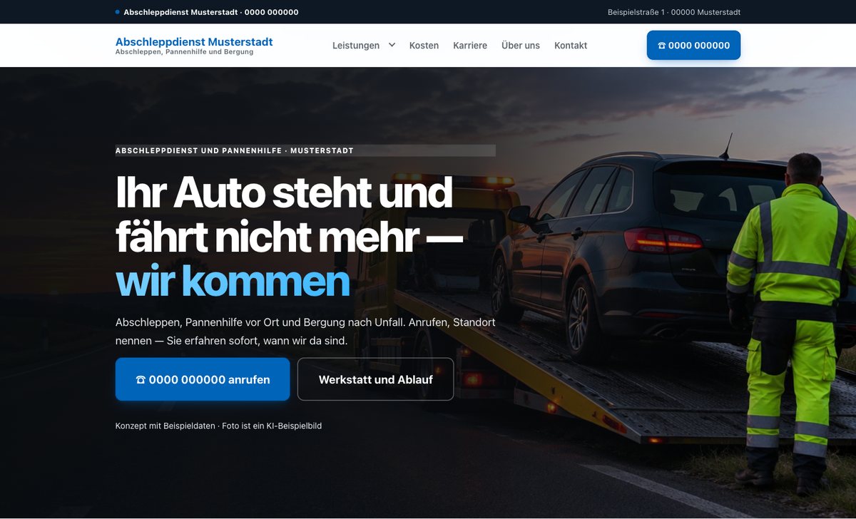 Screenshot des Seitenkopfs eines Abschleppdienst-Konzepts: gelber Abschleppwagen lädt einen Wagen in der Abenddämmerung, links Überschrift „Ihr Auto steht und fährt nicht mehr — wir kommen"