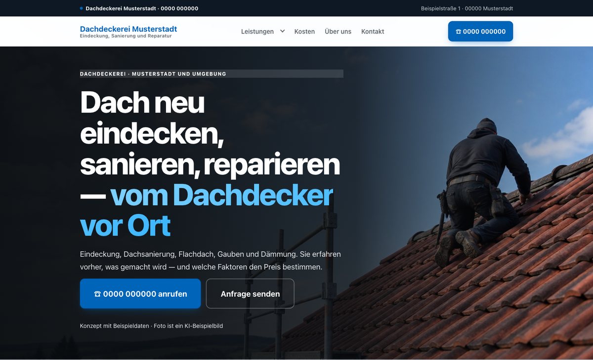 Screenshot des Seitenkopfs eines Dachdecker-Konzepts: Dachdecker auf rotem Ziegeldach vor blauem Himmel, links Überschrift „Dach neu eindecken, sanieren, reparieren"