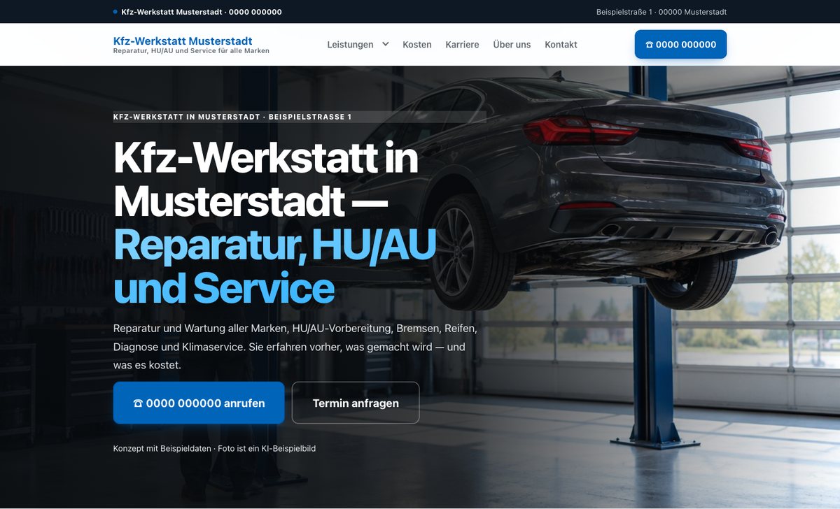 Screenshot des Seitenkopfs eines Kfz-Werkstatt-Konzepts: dunkler Wagen auf der Hebebühne, links Überschrift „Reparatur, HU/AU und Service" und Telefonknopf